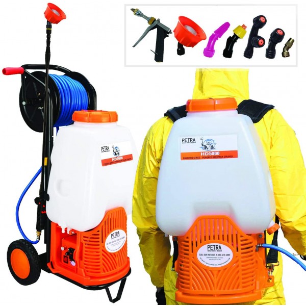PetraTools Battery Backpack Sprayer with Custom Fitted Cart and 100 Foot Commercial Hose, 2 Hoses Included, Commercial Quality Heavy Duty Sprayer (HD5000 6.5-Gallon with Reel Cart)