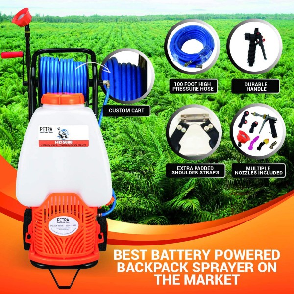PetraTools Battery Backpack Sprayer with Custom Fitted Cart and 100 Foot Commercial Hose, 2 Hoses Included, Commercial Quality Heavy Duty Sprayer (HD5000 6.5-Gallon with Reel Cart)