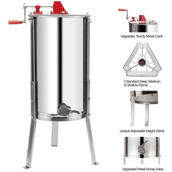 VINGLI 3 Frames Manual Honey Extractor Separator, Food Grade Stainless Steel Honeycomb Spinner Drum Crank By Hand With Adjustable Height Stands, Beekeeping Pro Extraction Apiary Centrifuge Equipment