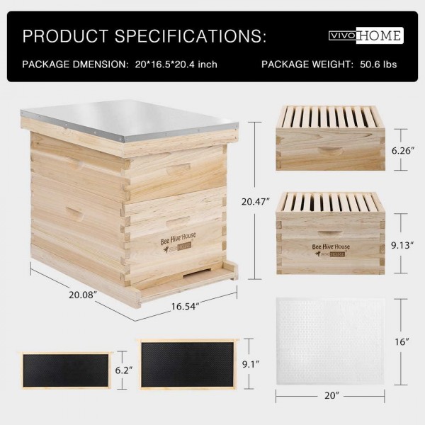 VIVOHOME Wooden 20 Frames Langstroth Honey Bee Hive Box with Metal Roof