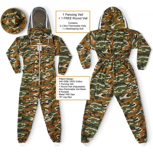 Natural Apiary Max Beekeeping Suit Outfit 2 x Non-Flammable Fencing Veil Mesh (Round & Fencing) Professional Bee Keeper Protection, Medium, Camouflage