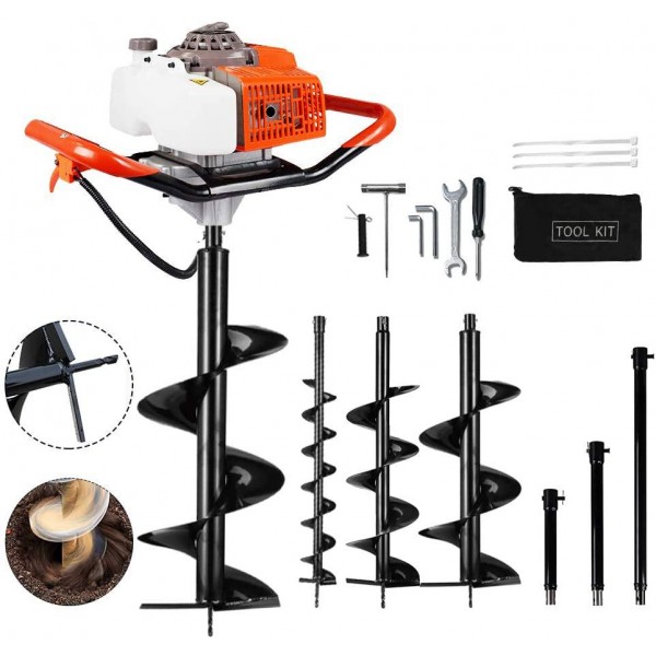 ECO LLC 63cc Post Hole Digger 3.4HP 2 Stroke Petrol Gas Powered Earth Digger with 4 Auger Drill Bits (4