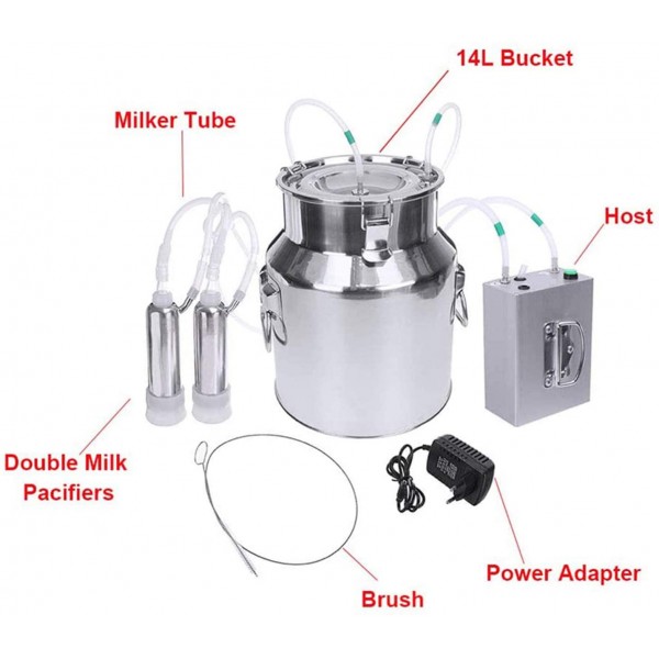 QHWJ Goat Milking Machine, Chargeable Pulsating Vacuum Milking Machine Kit with 14L Stainless Steel Milk Barrel,Cow and Sheep Safety Milking Equipment,for Cow