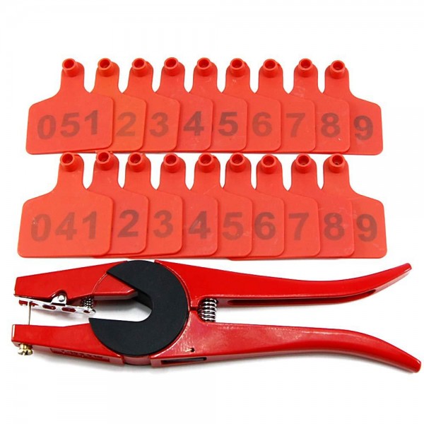 Numbered Farm Livestock Ear Tags for Cow Pig Sheep Cattle Identification Plastic TPU Precision Ear Stud Card Labels for Farm Animals (Customized) with 1 PC Plier Applicator (Red, 1000 PCS)