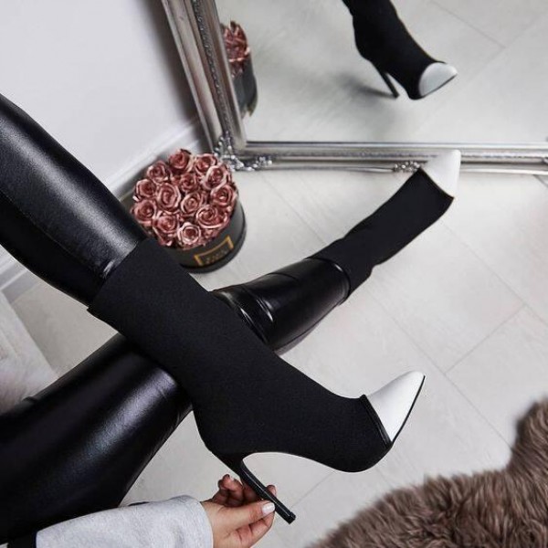 Black and white boots women sue  ankle heels