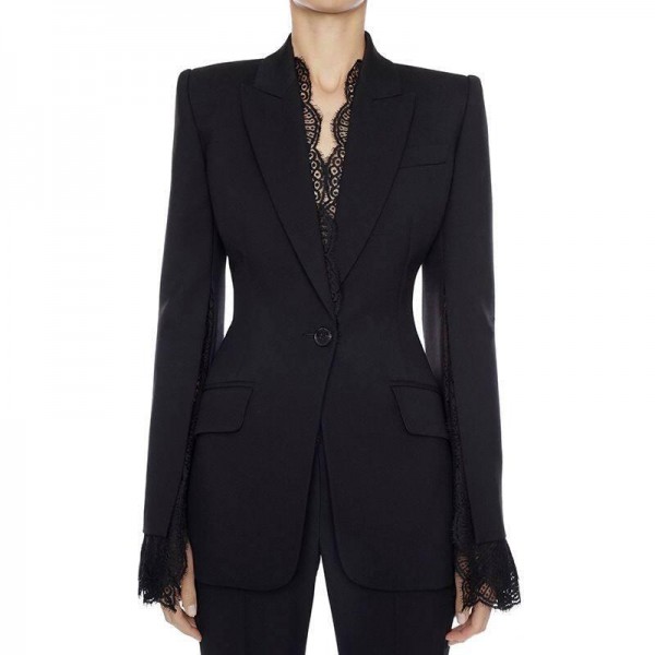 Women's Black Coat S t Sleeve Lace Embel shed Single Button Jacket