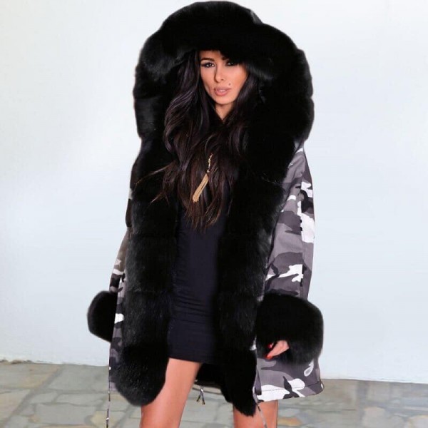 Womens Hoo d Faux Fur Lined Warm Coat Outwear Winter Long Jackets