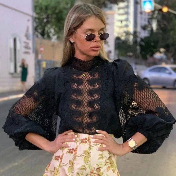 Women Lace   Long Sleeve Hollow Out Shirts