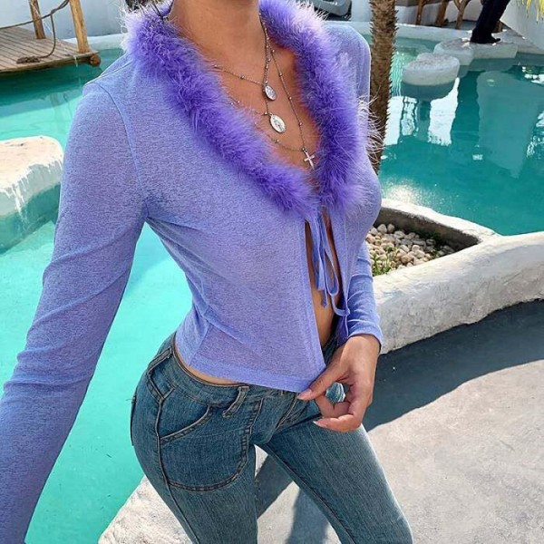 Women Purple Plush Neck Long Sleeve knitted  