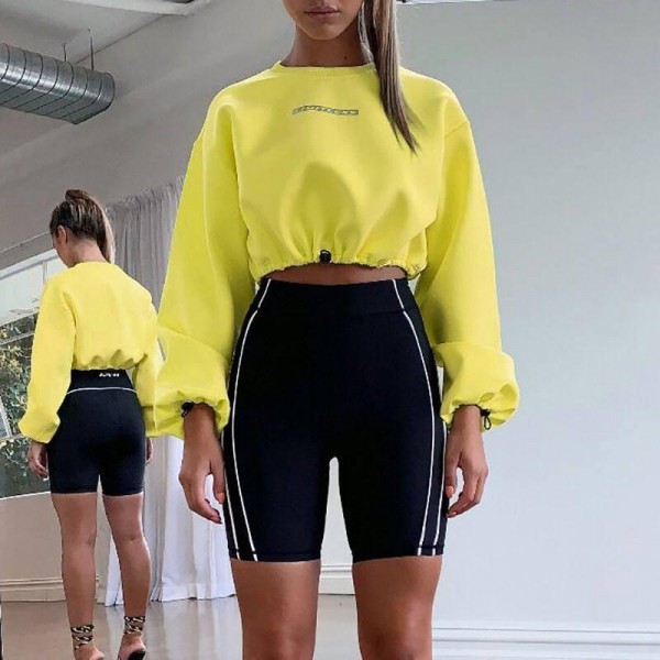 Casual  wear Tops Solid Color Long Sleeve Short Pullover