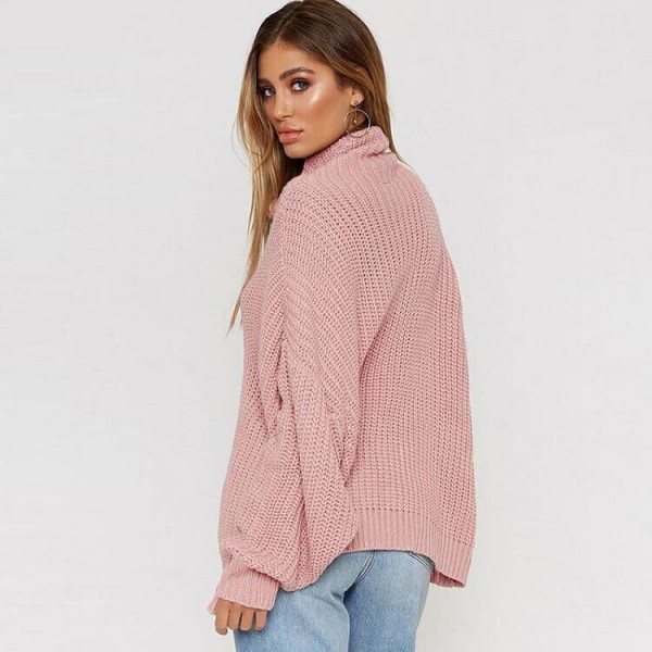Women's Turtleneck Lantern Sleeve Knit Pullover  er Pink Tops