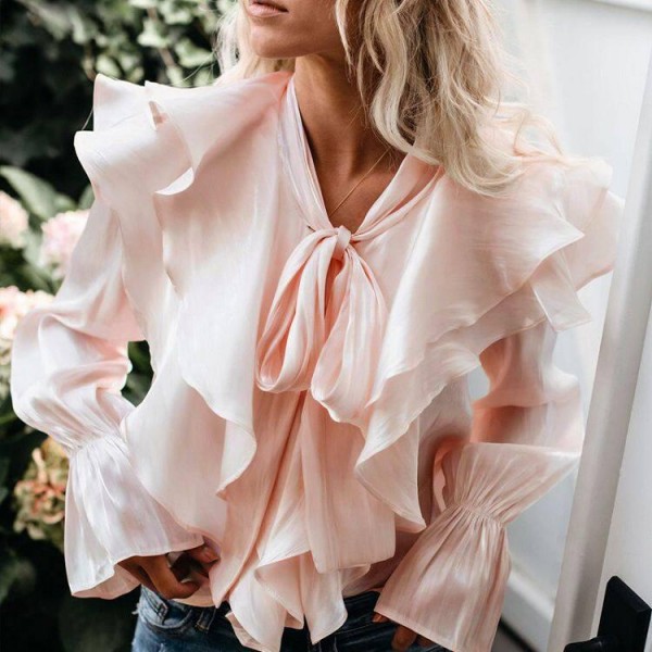Pink Lace Top V Neck Long Sleeve Lace Up Shirt W h Ruffles