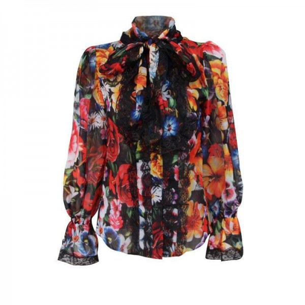 Women Floral Printing Shirts Long Sleeve   with Bow