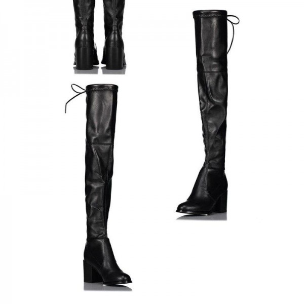 Women middle heels over-knee elastic pu lea r black booties