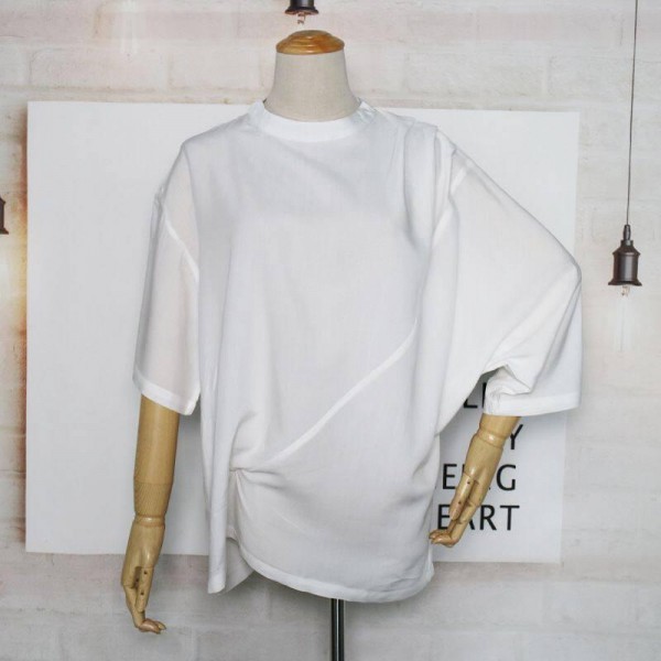 Women's White Casual T Shirt Round Neck Irregular Bat Sleeve Top