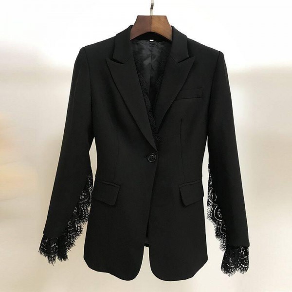 Women's Black Coat S t Sleeve Lace Embel shed Single Button Jacket