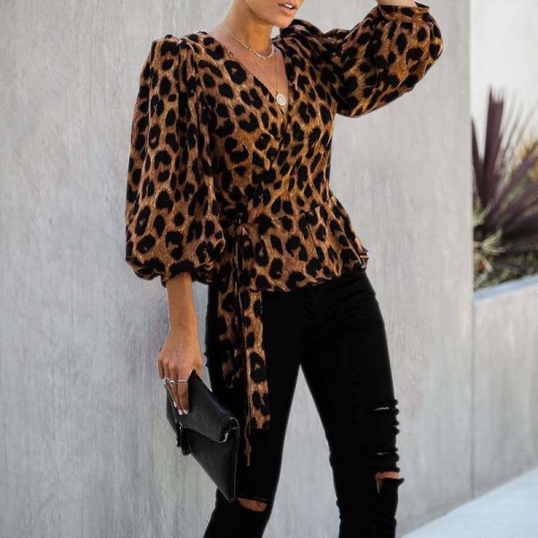 Leopard Printing Lace Up Shirt V Neck Long Sleeve Street Fashion  