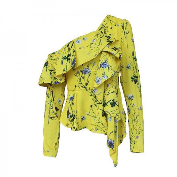 Yellow Printing Tops Single Shoul r Ruffles Shirts For Women