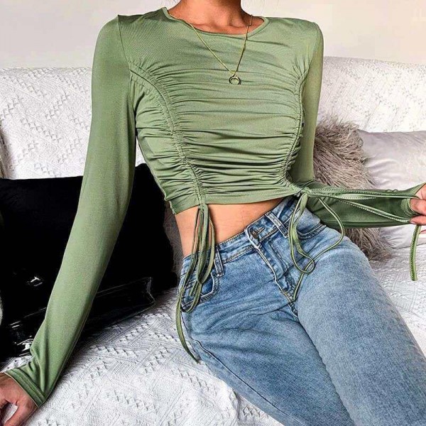 Green Slim   Long Sleeve Ruffles Short Shirts for Lady