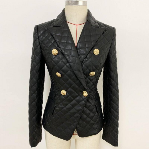 Black double Breasted Grid Coat Cotton Padded Syn tic Lea r Jacket
