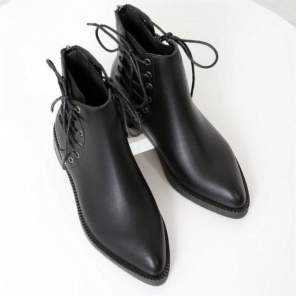 Black Lea r Low Heel Boots Lace Up Pointed Shoes Women