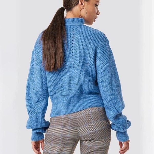 Stand Collar Light Blue Cable Knit  er Women Loose Top