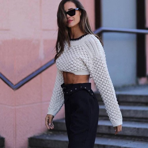 Women White Backless Chunky Cable Knit Crop  er White Pullover