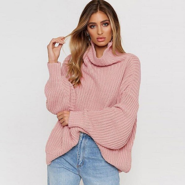 Women's Turtleneck Lantern Sleeve Knit Pullover  er Pink Tops