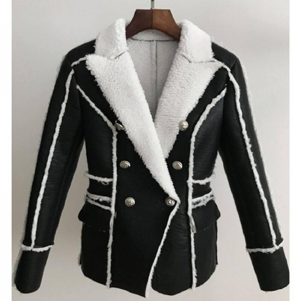 Winter Black Coat Silver Buttons Fur Lining Syn tic Lea r Jacket Black