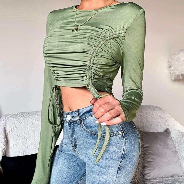 Green Slim   Long Sleeve Ruffles Short Shirts for Lady