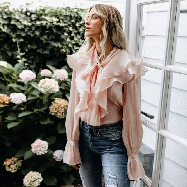 Pink Lace Top V Neck Long Sleeve Lace Up Shirt W h Ruffles
