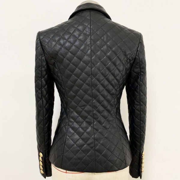 Black double Breasted Grid Coat Cotton Padded Syn tic Lea r Jacket