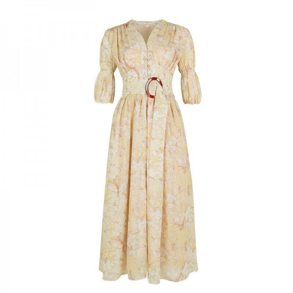 Eleg t Floral dresses with Puff Sleeves Yellow White Colors