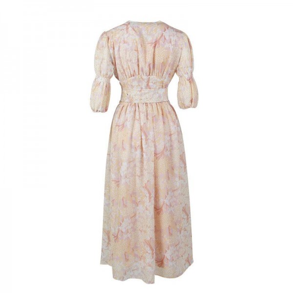 Eleg t Floral dresses with Puff Sleeves Yellow White Colors