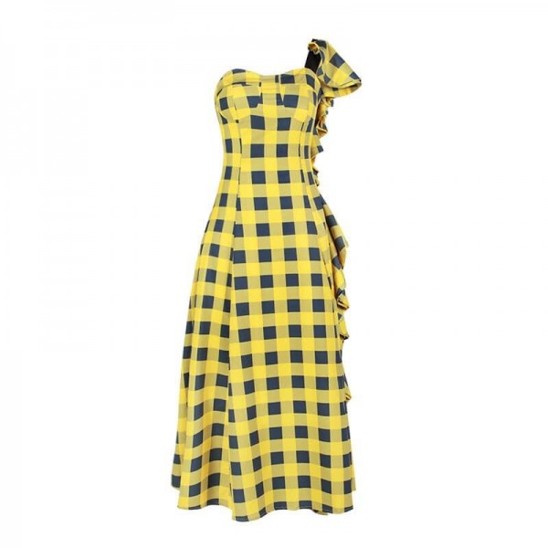 Single Shoul r stripe Printed dress with flounce fashion dress