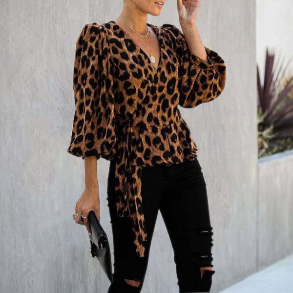 Leopard Printing Lace Up Shirt V Neck Long Sleeve Street Fashion  