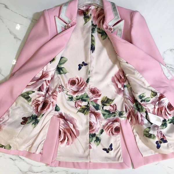Pink Coat Single Button Floral  ner Rose Outwears Women