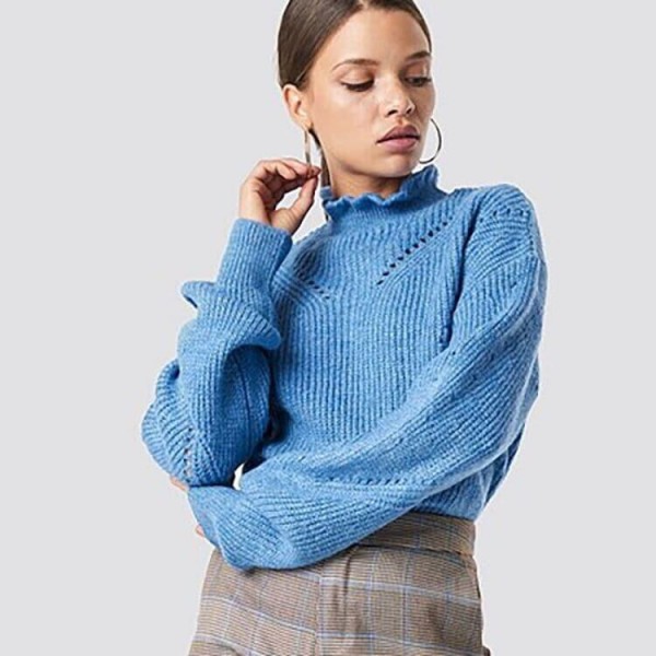 Stand Collar Light Blue Cable Knit  er Women Loose Top
