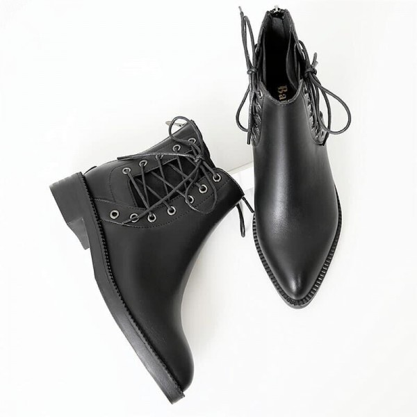 Black Lea r Low Heel Boots Lace Up Pointed Shoes Women