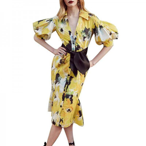 Summer out s yellow long printing dress with bow